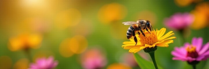 Busy bee gathering nectar from vibrant summer wildflowers , flora, yellow, purple