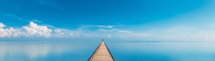 Obraz premium Building Dreams into Reality, A tranquil dock extends into a serene blue sea under a clear sky.