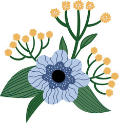 A bouquet of stylized blue and yellow flowers and green leaves