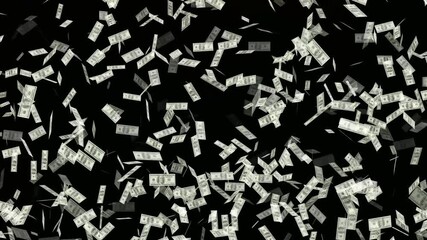 Cinematic money rain animation on black background. Banknotes of the us american dollar are flying. Money raining and falling down. Money falling like a storm and money raining from the sky.