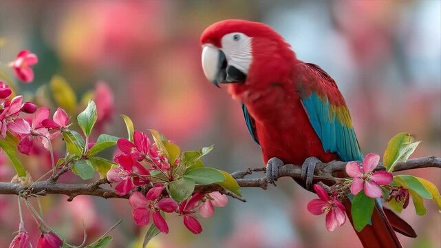 A vibrant scarlet macaw perches amidst a profusion of delicate pink blossoms.