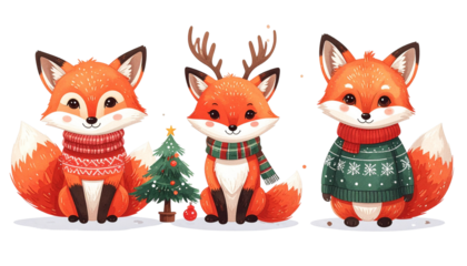 Festive holiday bundle of three adorable fox characters isolated on transparent background
