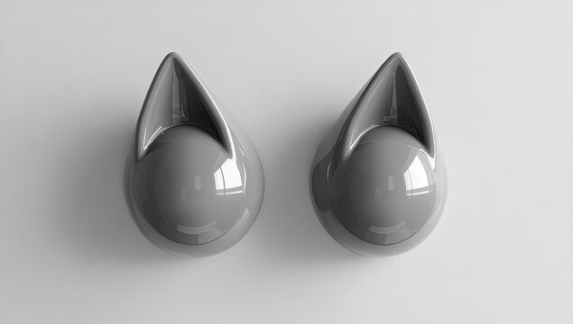 Two gray teardrop-shaped objects with pointed tops, positioned symmetrically on a white surface