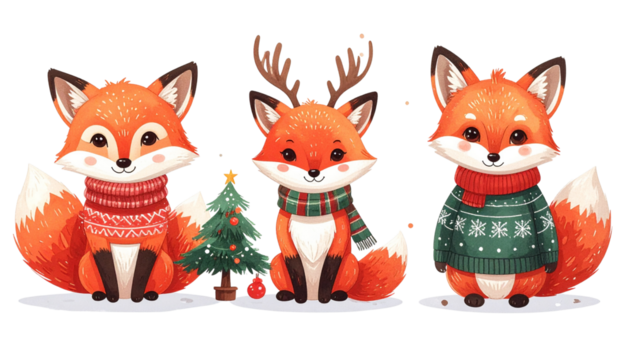 Festive holiday bundle of three adorable fox characters isolated on transparent background