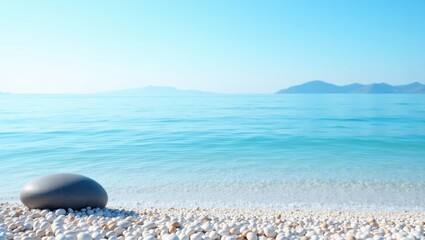A tranquil seaside scene with a large, smooth gray stone on a beach of white pebbles, showcasing a serene and calm turquoise ocean against a clear, bright sky.