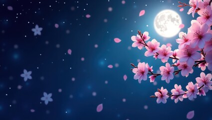 Delicate pink cherry blossoms bloom under a luminous moonlit night sky, filled with falling petals and starlight.