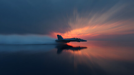 Military Jet Flying at High Speed With Sonic Boom Over Open Ocean at Dusk