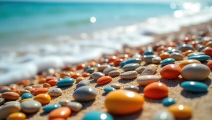 Vibrant, colorful pebbles, nestled on a sandy beach, with gentle ocean waves in the background, creating a serene and cheerful coastal scene.