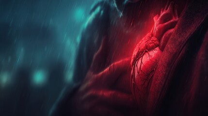Photorealistic image of elderly man clutching chest in pain with faint glowing red heart overlay symbolizing heart attack symptom.