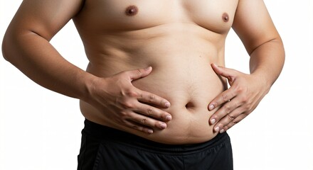 Overweight male self‑portrait, touching his round belly on a clean white backdrop
