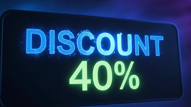 Vibrant 40% discount neon sign for online sales and special offers on a dark digital background