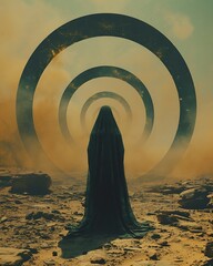 Enigmatic cloaked entity confronts an ethereal gateway of concentric rings in a barren, alien terrain, symbolizing a profound concept of passage and destiny, a journey into the unknown