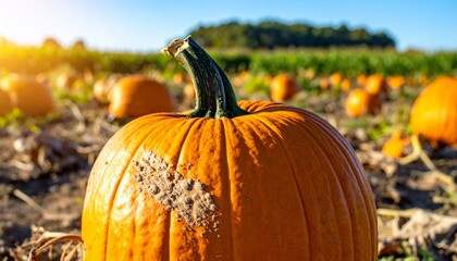 Close-up view of a uniquely shaped pumpkin, blending ugly and beautiful features, sitting on the ground in a pumpkin farm, capturing rustic autumn vibes and natural textures