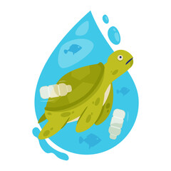 Save the Oceans and Ecological Conservation with Vector illustration of Green Turtle in a Water Drop