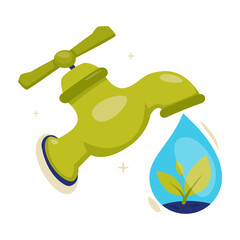 Water Conservation with Water Drops on Taps and Plant Seed Vector Object