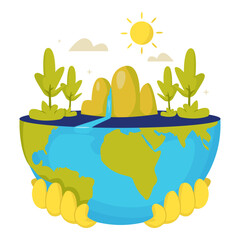 Save Planet Earth with Hands Holding Half Earth and Nature Ecosystem Vector Illustration