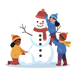 Three diverse children in bright winter clothing excitedly build a large snowman, captured in a vibrant 2D flat vector illustration with clean outlines on a white background.