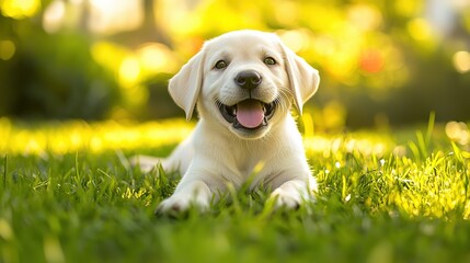 Happy Labrador Puppy on Grass Outdoors: Family Pet Photography and Animal Theme Design Material for Warm Scenes and Pet Product Advertising