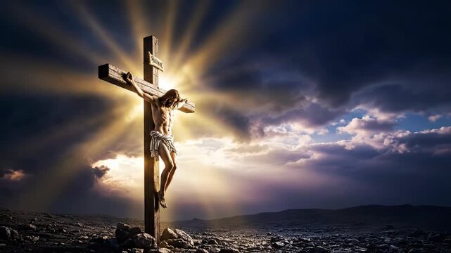Epic Scene of Jesus Christ's Crucifixion on the Cross as Divine Light Radiates Through a Dramatic Sky.