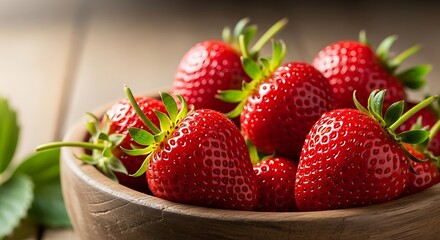 Fresh ripe red strawberries in a rustic wooden bowl.