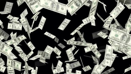 Cinematic money rain animation on black background. Banknotes of the us american dollar are flying. Money raining and falling down. Money falling like a storm and money raining from the sky. - Powered by Adobe