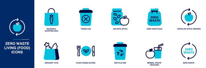 Zero Waste Living (Food) Blue Colored Outline Icon Set