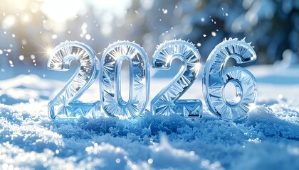 Frozen numbers welcome new year, icy 2026 digits sparkle in bright snowy landscape, symbolizing winter holidays, celebration, and fresh beginnings.