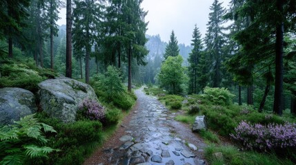 Misty Forest Path with Sunlight Breaking Through Trees Creating Dramatic Landscape in Cinematic HDR with Lush Greenery and Stone Pathway