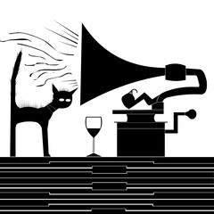 drawing of a cat listening to music