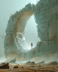 Lone figure explores a colossal, ancient, ring-shaped ruin in a misty, desolate alien landscape, a conceptual vision of futuristic discovery and profound mystery