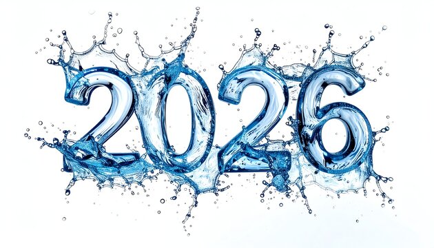 Splash numbers for new year represent 2026 with dynamic blue water effects and splashes on a clean white background.