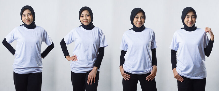 Set collection or collage of Asian female model in white t-shirt for mockup design isolated on white background