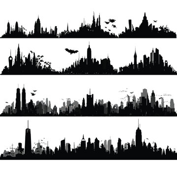 Collection of gotham city skyline architectural silhouettes in black and white isolated on white background