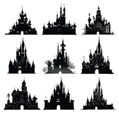 Fototapeta premium Collection of gothic castle silhouettes isolated on white background