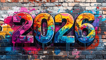 Vibrant 2026 graffiti wall art features bold, colorful numbers, paint splatters, and artistic drips on a textured urban brick background.