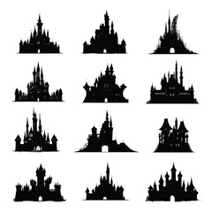 Fototapeta premium Collection of gothic castle silhouettes isolated on white background