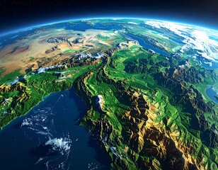High-angle view of Earth's terrain, focused on mountainous regions and bodies of water