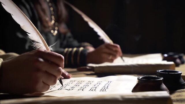 Ancient scribes diligently writing historical texts with quill and ink, capturing knowledge