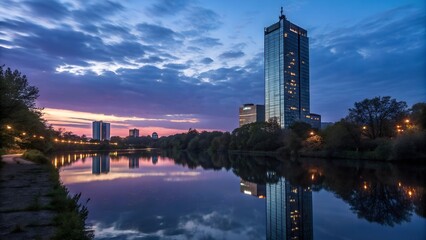Fototapeta premium high rise building reflected in water river
