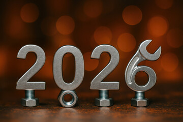 metal tool 2026 numbers with glowing industrial bokeh background concept of engineering branding and construction marketing