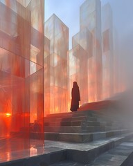 A solitary figure emerges from the mist, ascending steps towards an otherworldly city of luminous, amber-hued pillars, creating an ethereal and profound visual narrative