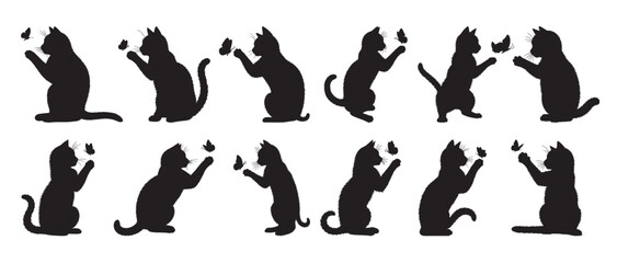 cat with butterfly silhouette white background vector illustration