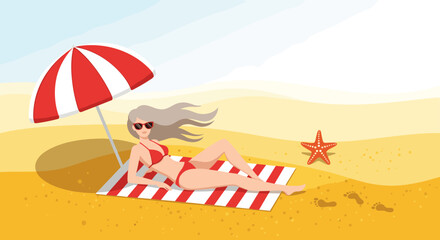 Woman Relaxing on a Beach Under a Red and White Umbrella.