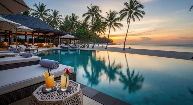 Luxury beachfront poolside sunset
