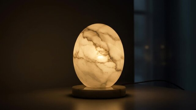 Hand Reaches for Glowing Egg-Shaped Alabaster Lamp in Dim Room