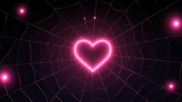 A glowing pink heart situated within a spiderweb design, creating a captivating visual.