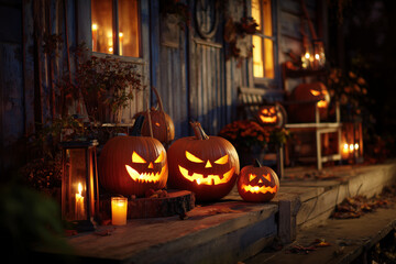 Obraz premium alloween pumpkin display with carved jack-o'-lanterns and autumn props and seasonal decoration