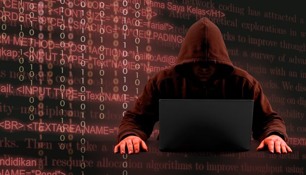 Hacking concept. Hacker person using laptop with binary code