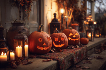 Obraz premium alloween pumpkin display with carved jack-o'-lanterns and autumn props and seasonal decoration