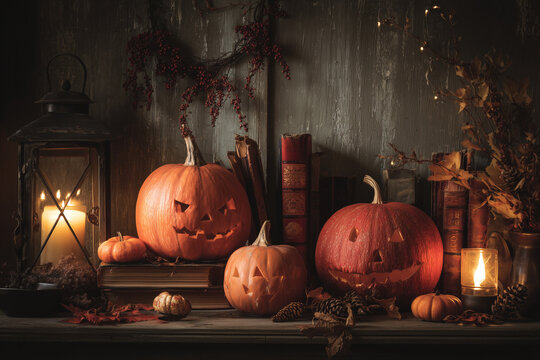alloween pumpkin display with carved jack-o'-lanterns and autumn props and seasonal decoration